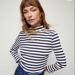 Veronica Beard stretchy striped marine mock neck shirt